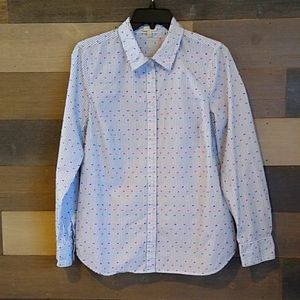 Talbots Women's Blouse / Button Down Shirt White/Blue w/ Colored Embroidery Sz S